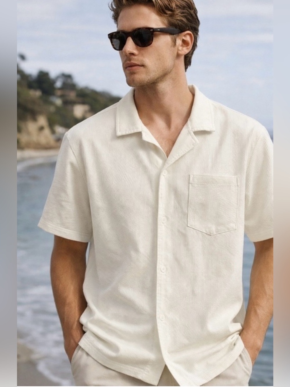 SAINTS Men’s Textured Cream Short Sleeve Shirt Beachy Resortwear Size XL